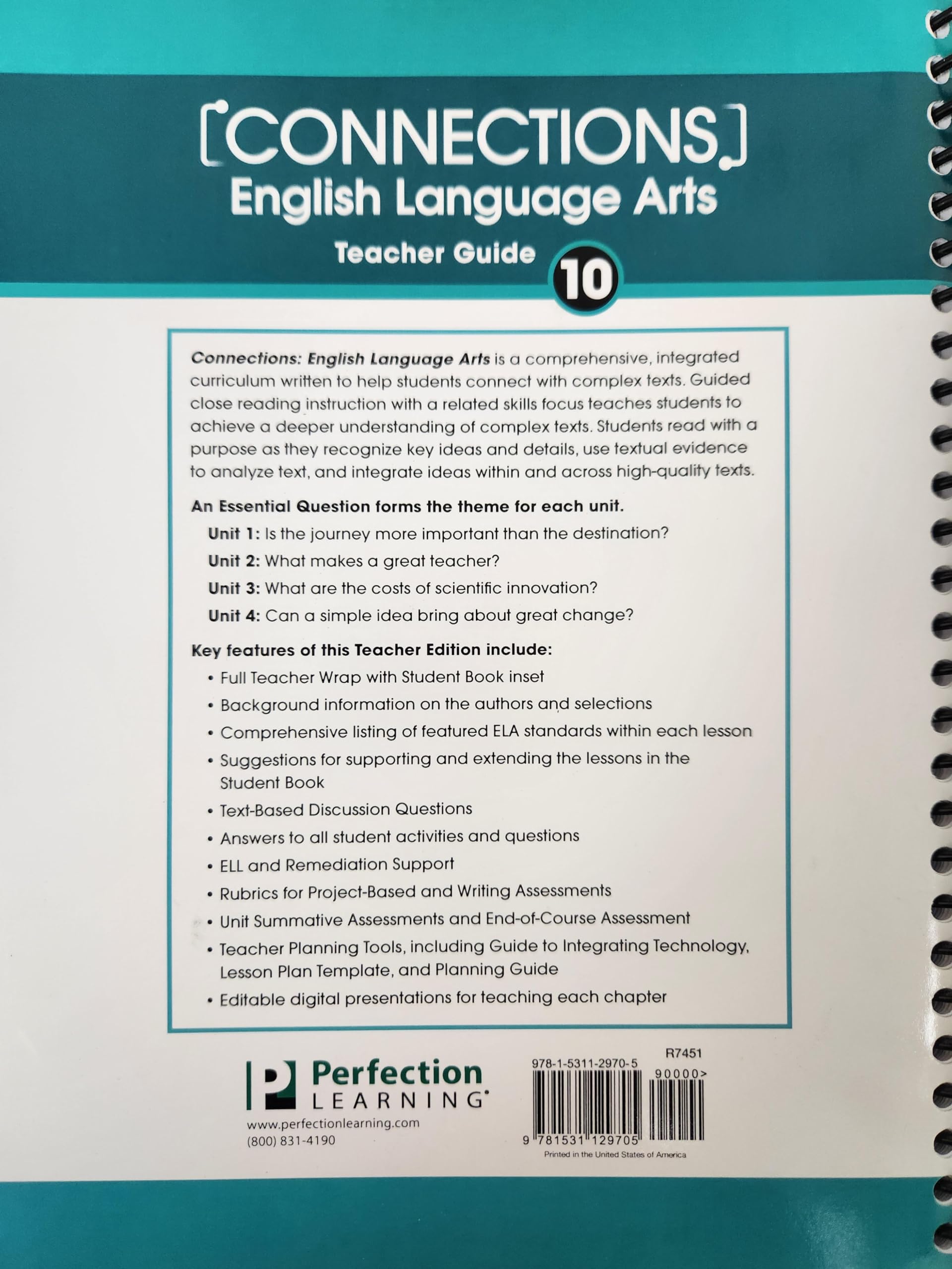 Connections English Language Arts Teacher Guide Grade 10 [Spiral-bound] Perfection